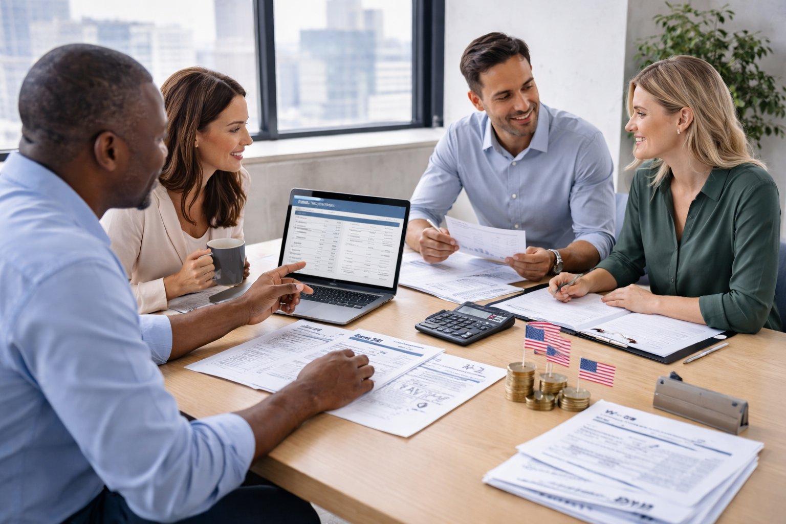 Small business team collaborating on payroll and HR tasks at a modern office desk