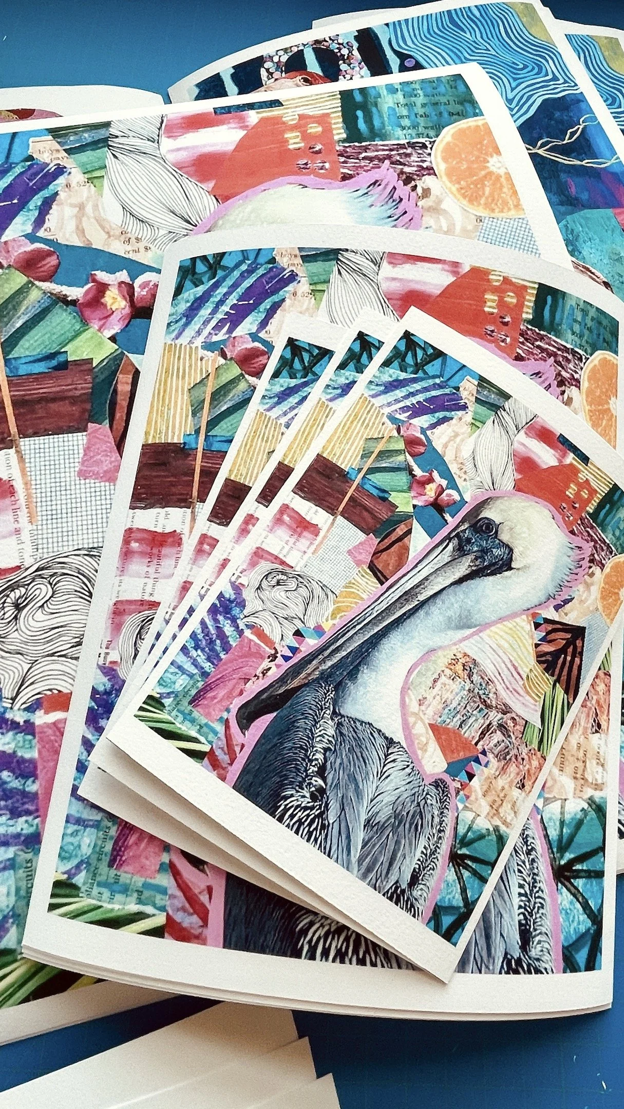 A colorful collage art print featuring a detailed illustration of a pelican with abstract geometric and organic shapes in the background.