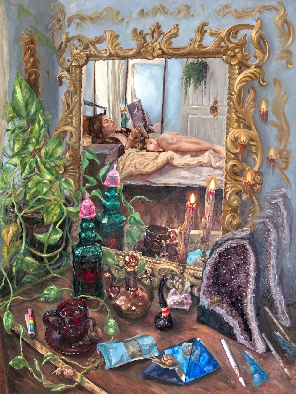 A painting of a woman lying on a bed reading a book, with the reflection of her and the room's decor visible in an ornate gold mirror. The room contains candles, plants, and various bottles and objects on a table.