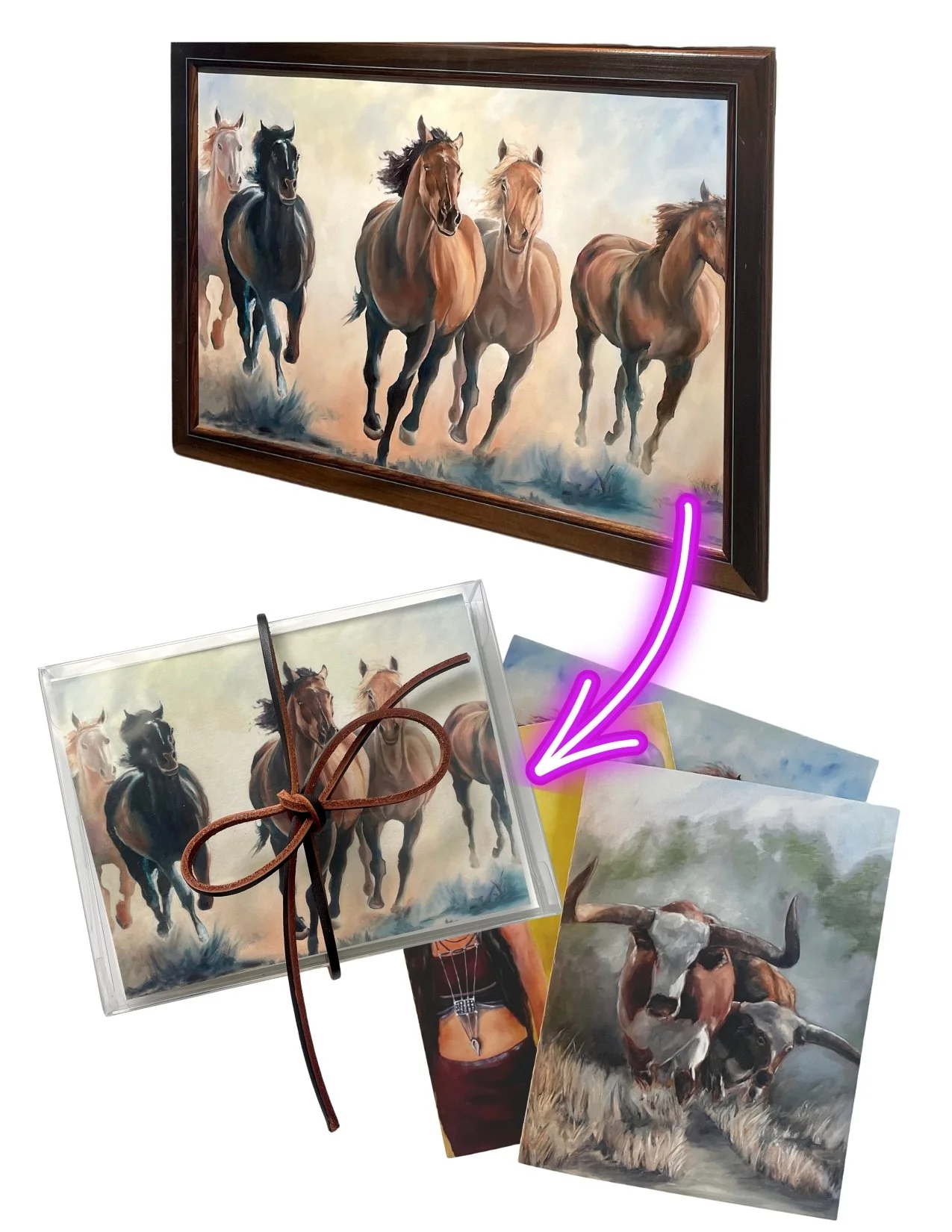 A framed painting of running horses, a box of four postcards featuring horse paintings, and a booklet with a horse image.