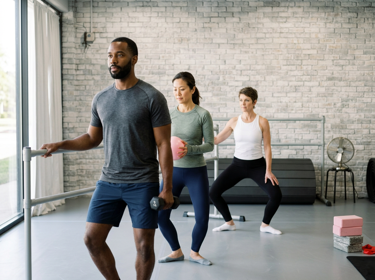 Three people exercising indoors near a large window with a brick wall background. One man is holding a small dumbbell and walking by a ballet barre, while two women behind him are stretching, one holding a pink exercise ball.