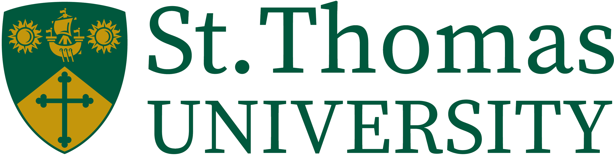 The logo of St. Thomas University featuring a shield with a cross, a ship, and sun symbols, alongside the university name in green text.