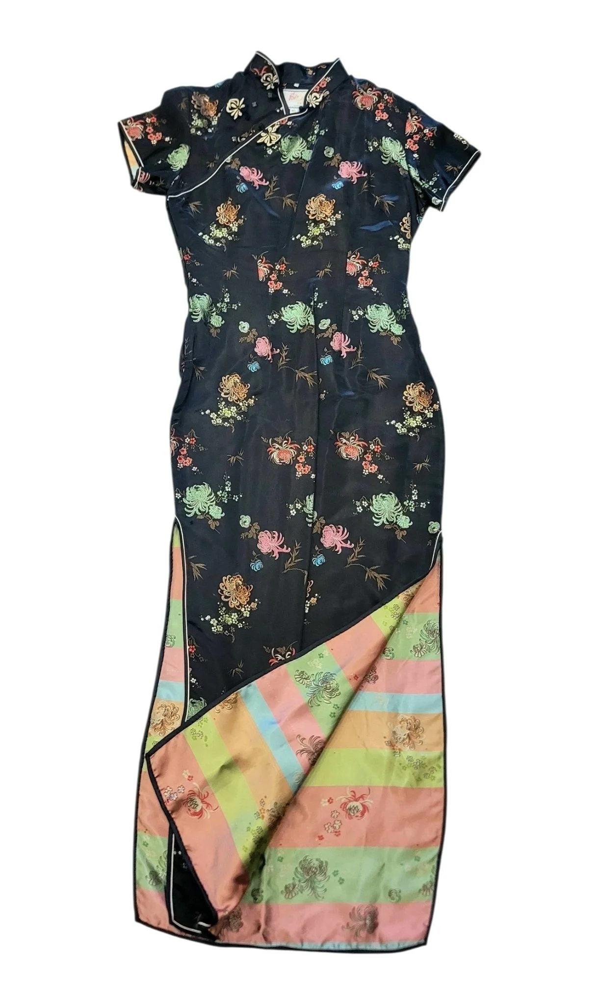 Vintage Solz Squirrel Black Floral Qipao Dress | Traditional Chinese Cheongsam with Striped Lining Size 38