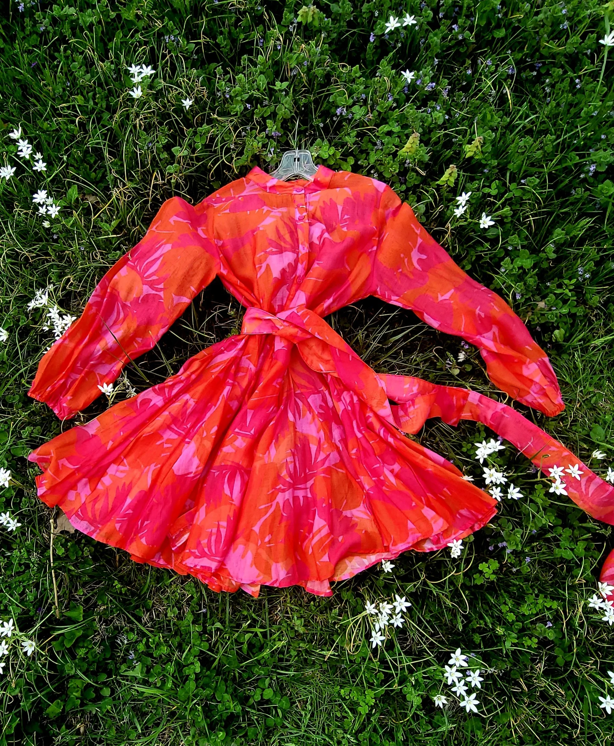 Choklate Paris Floral Mini Dress | Bright Pink & Orange Silk-Feel Belted Fit & Flare