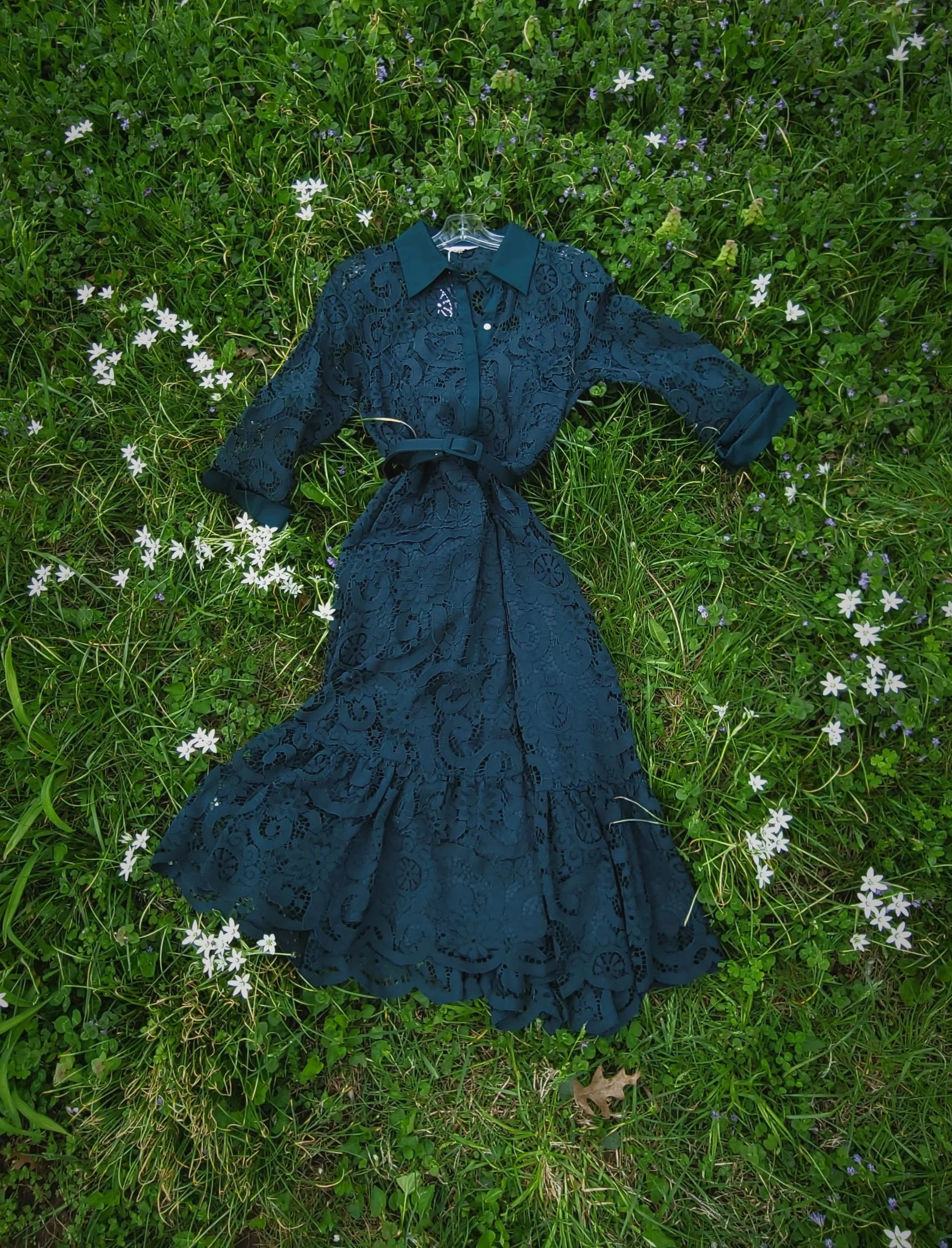 Nanette Lepore Teal Lace Midi Shirtdress | Size 6 Belted Fit & Flare Ruffle Hem