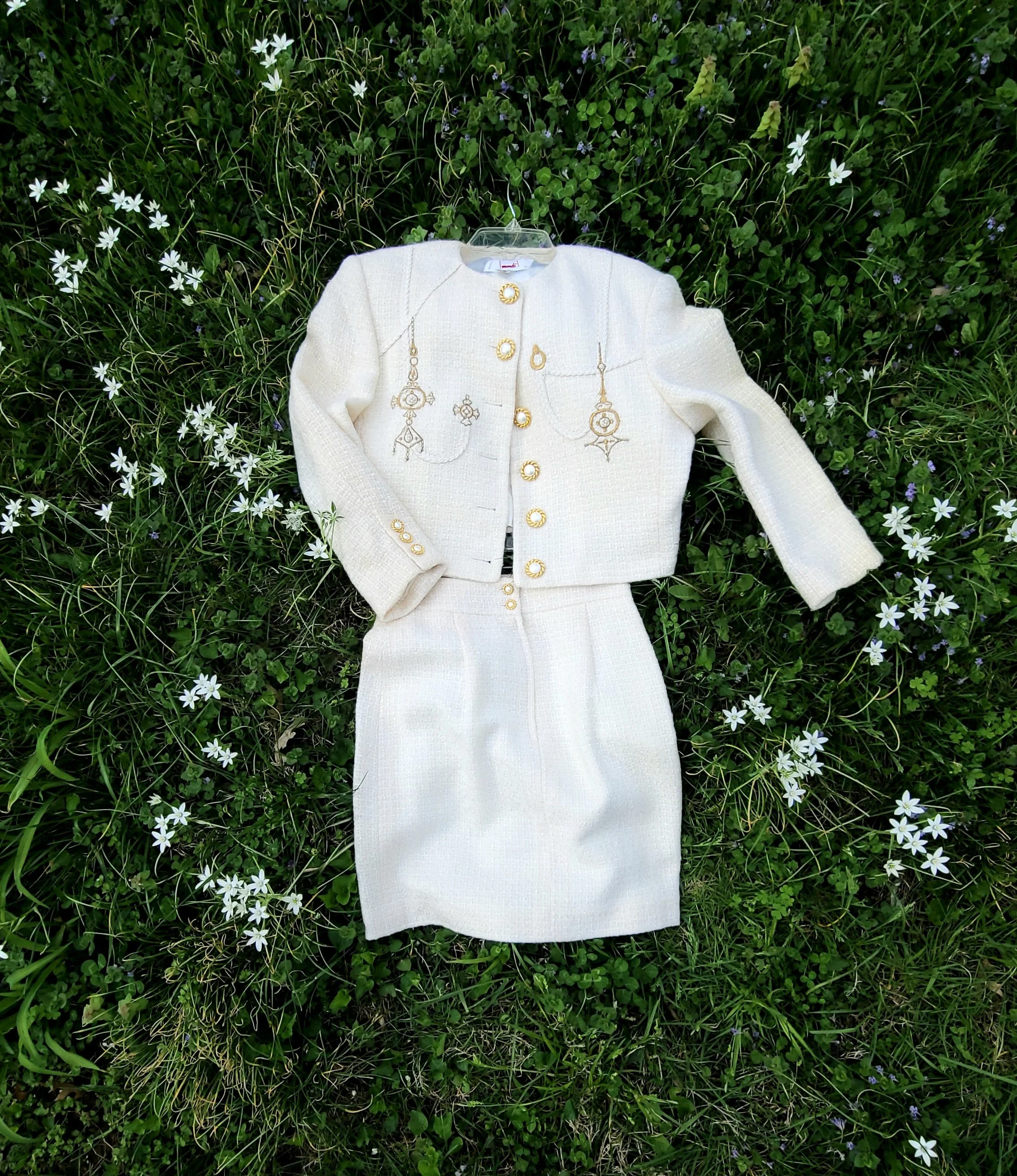 Vintage Mondi West Germany Cream Wool Skirt Suit | 80s Gold Bullion & Pearl Set