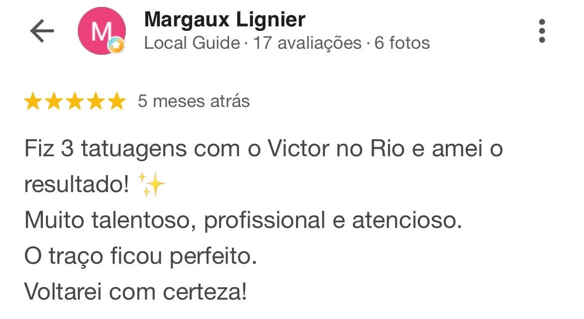 Avaliação de cliente em Google, elogiando experiência de fazer tatuagens com Victor no Rio de Janeiro.