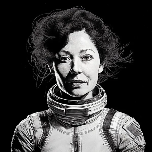 Black and white illustration of a woman in a spacesuit.