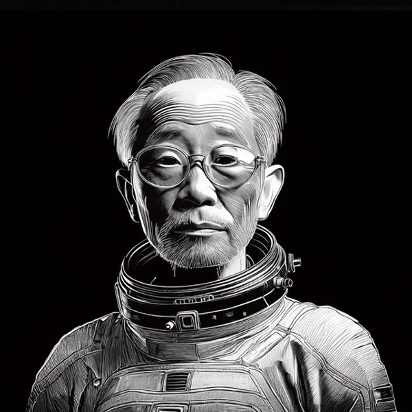 Black and white digital illustration of an older Asian man in a spacesuit with glasses, hair neatly combed back, and a serious expression.