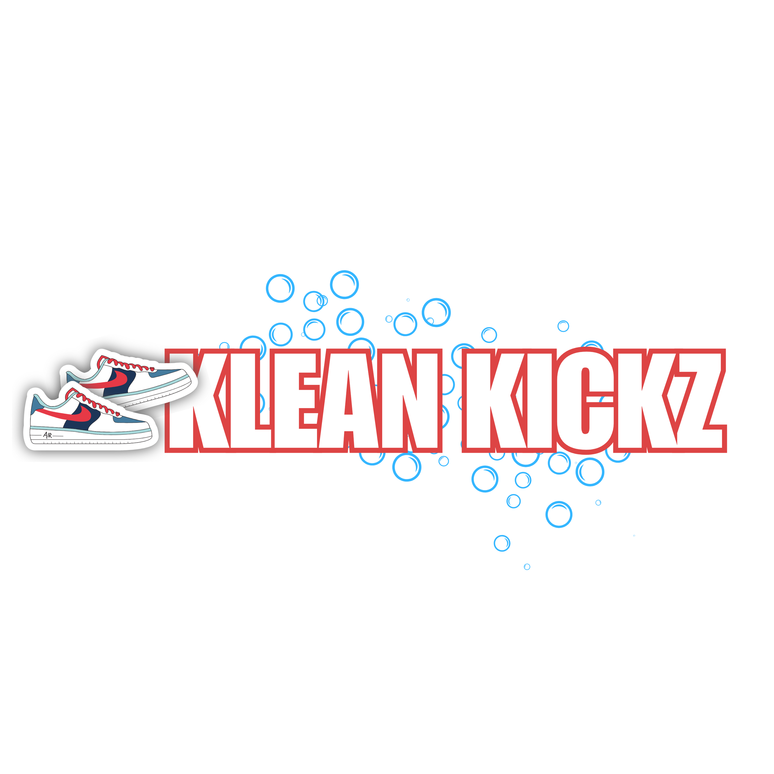 Stylized logo featuring the text 'KLEAN KICKZ' in bold red outline with a pair of white sneakers with red and blue accents on the left side, surrounded by blue bubbles.