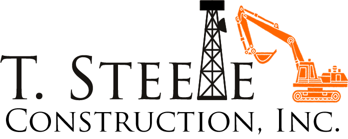 Logo for T. Steeve Construction, Inc. featuring black text and an orange construction excavator with a bucket and treads, and a black oil rig tower.