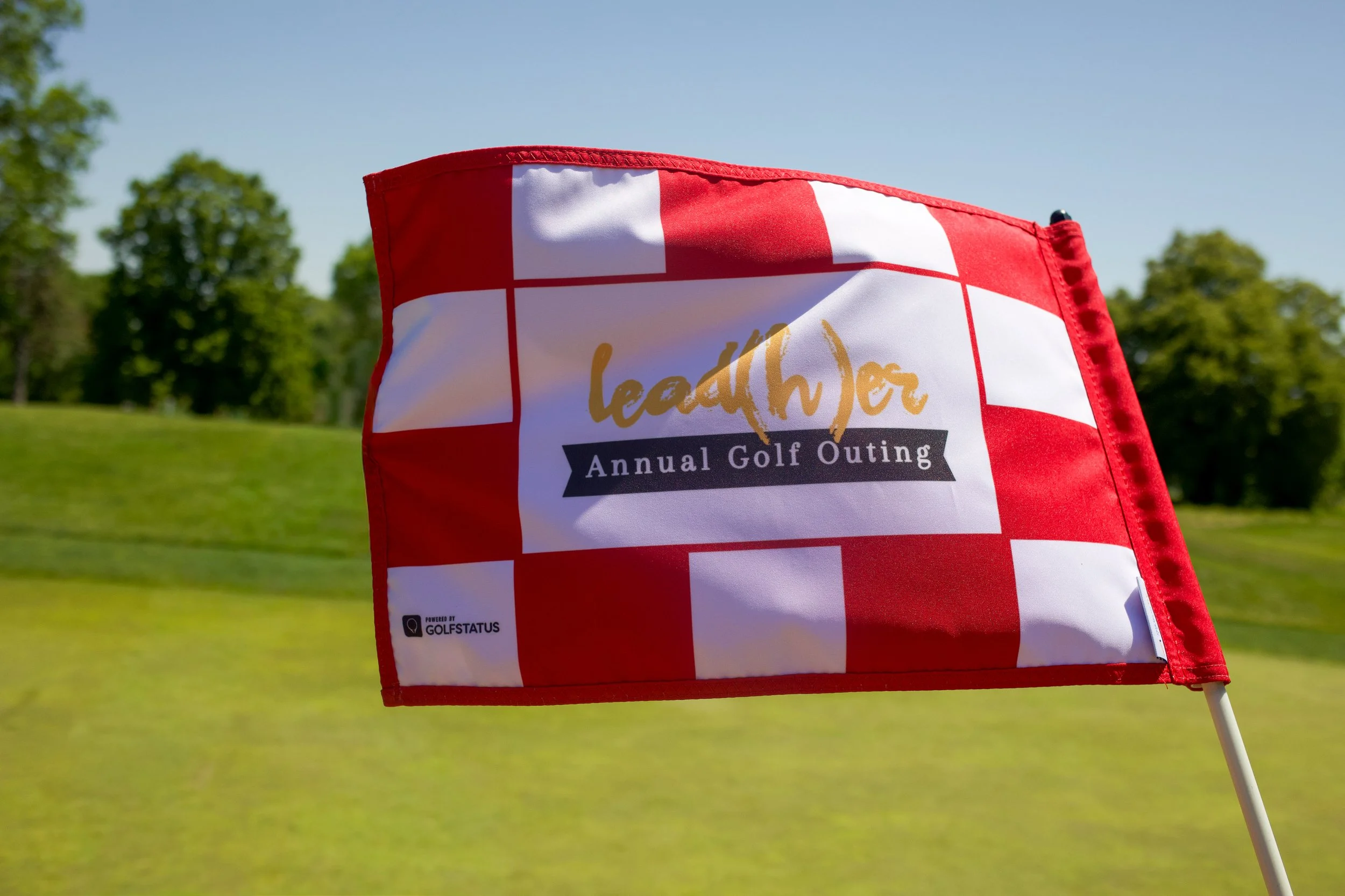 A red and white checkered golf flag on a golf course with green trees and a clear blue sky.
