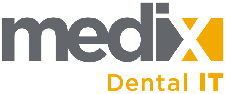 Medix Dental IT logo with black, gray, yellow, and blue text and geometric shapes.