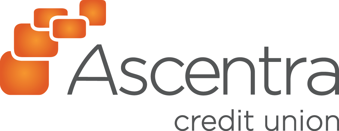 Logo of Ascentra Credit Union with orange square icons and gray text