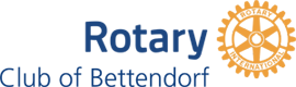 Logo of Rotary Club of Bettendorf with blue text and a yellow rotary gear symbol
