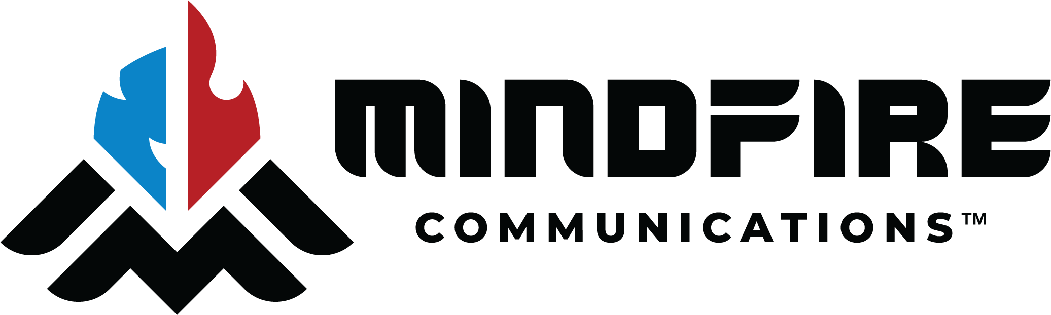 Logo of Morere Communications with a stylized mountain and a flame in red and blue colors