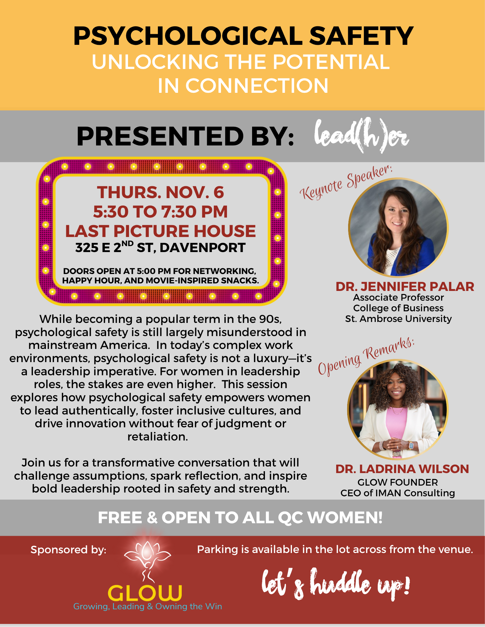 Informational poster for a women's leadership event focused on psychological safety, featuring speaker photos and event details, with a vibrant pink, yellow, gray, and maroon color scheme.