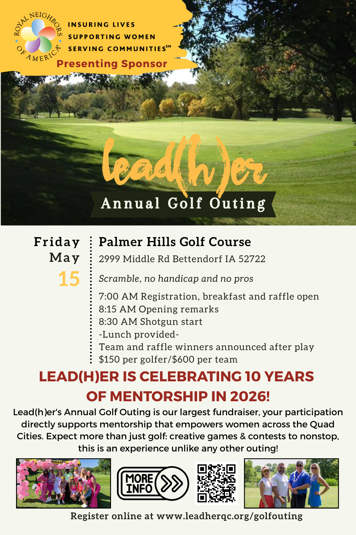 A promotional flyer for the Lead(h)er Annual Golf Outing event held at Palmer Hills Golf Course on May 15. The flyer features a scenic image of a golf course with trees and blue sky, and includes details about the event schedule, registration, and sponsorship, emphasizing mentorship support for women.