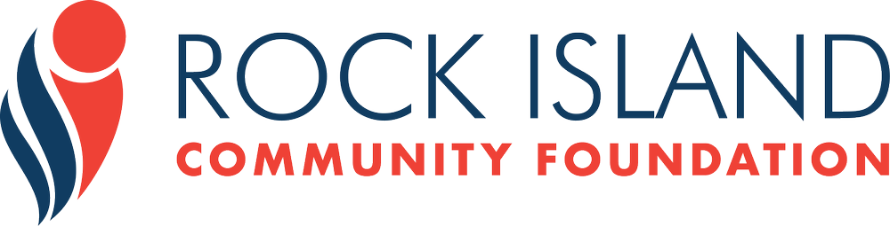 Logo of Rock Island Community Foundation with stylized red, white, and blue abstract figure and text.