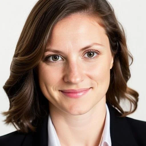 A woman with shoulder-length brown hair and green eyes, wearing a black blazer and white shirt, smiling at the camera.