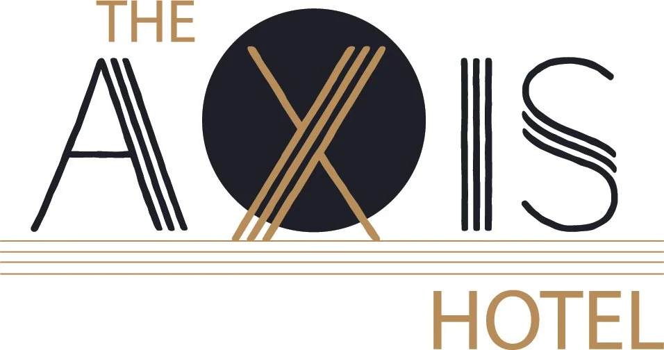 Logo for The Axios Hotel with stylized text and lines