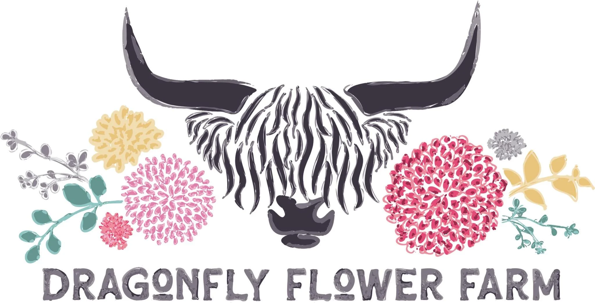 Illustration of a buffalo skull surrounded by colorful flowers and leaves, with the text 'Dragonfly Flower Farm' below.