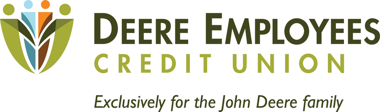 Deere Employees Credit Union logo with green and brown leaf design and text, 'Deere Employees Credit Union' and 'Exclusively for the John Deere family'.