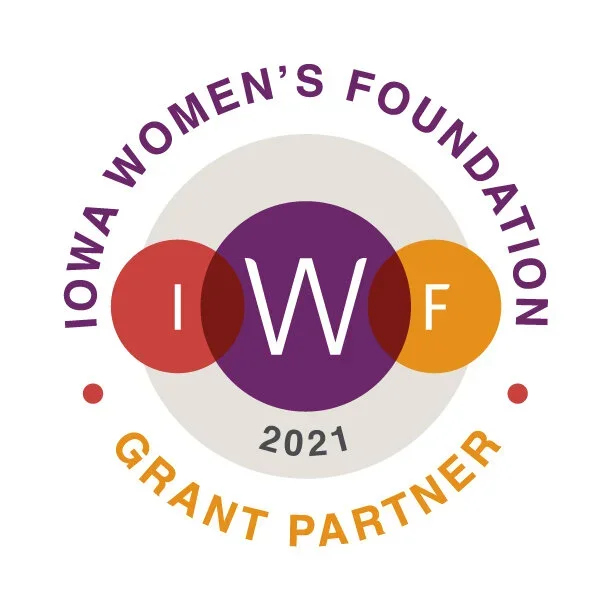 Logo of the Iowa Women's Foundation Grant Partner 2021 with overlapping circles containing the letters I, W, and F, in purple, red, and orange respectively.
