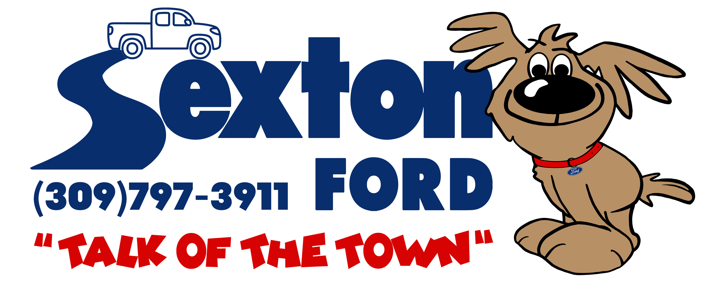 Logo for Sexton Ford featuring a cartoon dog with brown fur, big eyes, wearing a red collar and a Ford badge, with the text 'Sexton Ford' in large blue letters, a phone number, and the phrase 'Talk of the Town'