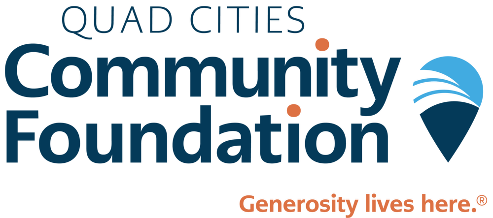 Logo of Quad Cities Community Foundation with text and graphic of a stylized eagle and a hand supporting a globe, and the tagline 'Generosity lives here.'