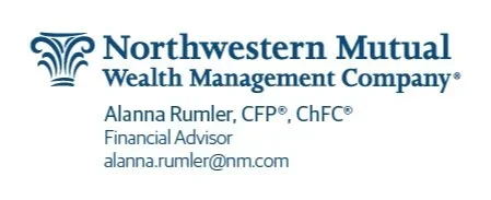 Business card for Northwestern Mutual Wealth Management Company with the name Alanna Rumler, CFP, ChFC, financial advisor, and email alanna.rumler@nm.com.