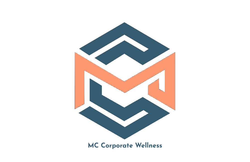 Logo of MC Corporate Wellness with a geometric cube design in blue and peach colors.