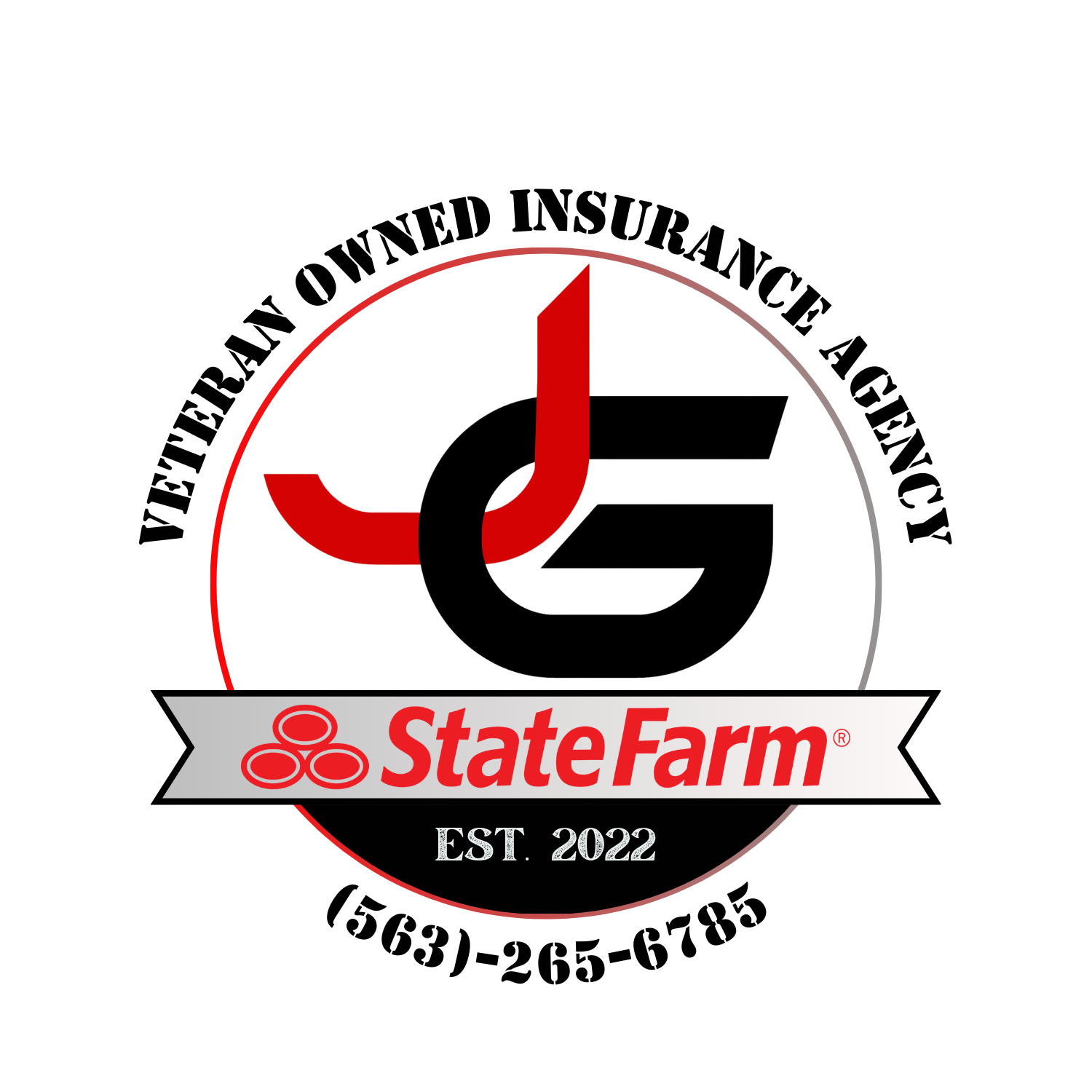 A logo with the text 'Veteran Owned Insurance Agency' and a stylized emblem with a red and black design, the words 'State Farm' and 'Est. 2022', a phone number, and the phrase 'First Choice'.