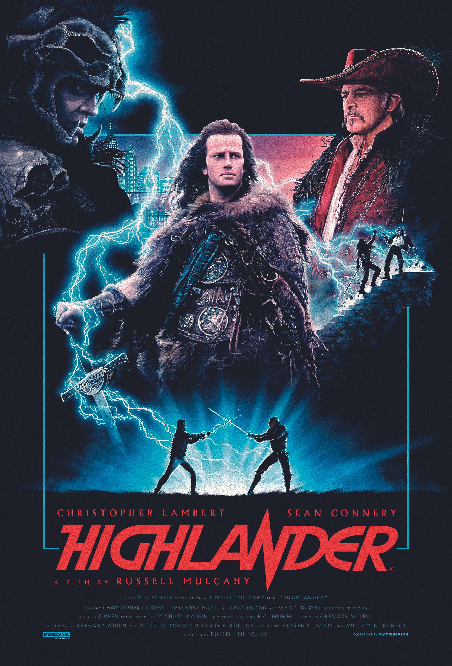 Movie poster for Russell Mulcahy's Highlander, featuring Christopher Lambert, Sean Connery, and Clancy Brown amid flashing blue lightning.