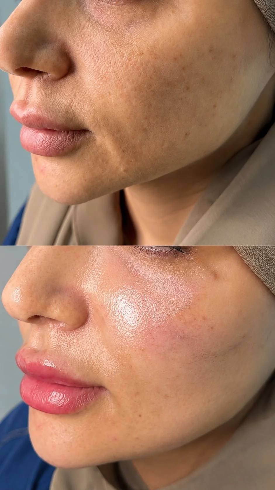 Side-profile before and after photo of a patient's cheek and lip area showing smoother skin texture and fuller lips after an AestheFill collagen biostimulator session at Helalat Clinic in Amman