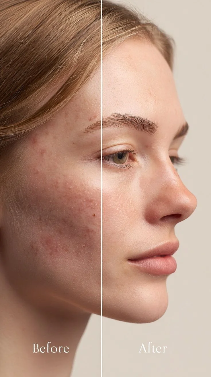 A split image showing a woman's face with acne and scars on the left side, and clear, smooth skin on the right side, illustrating a before and after skincare transformation.