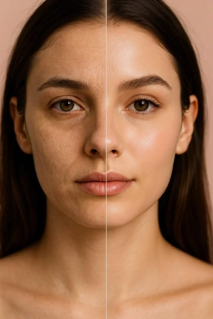 A side-by-side comparison of a woman's face showing skin before and after skincare treatment with hydrafacial.
