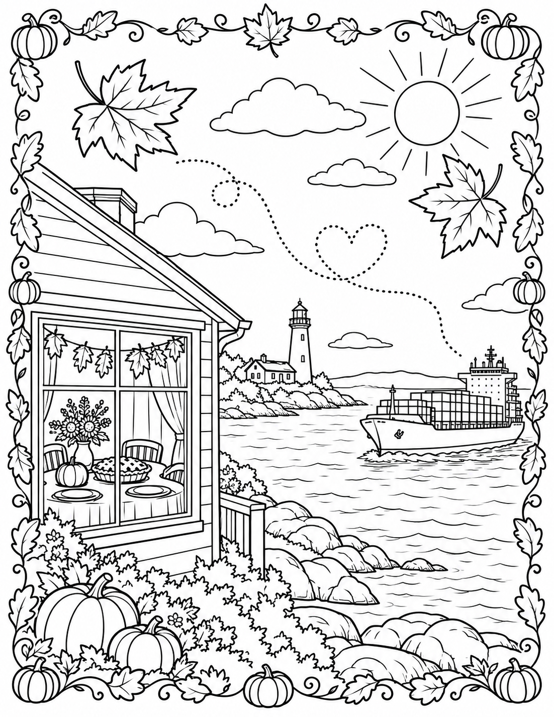 Thanksgiving coloring page preview: a lighthouse, family home, and ship connected across the water