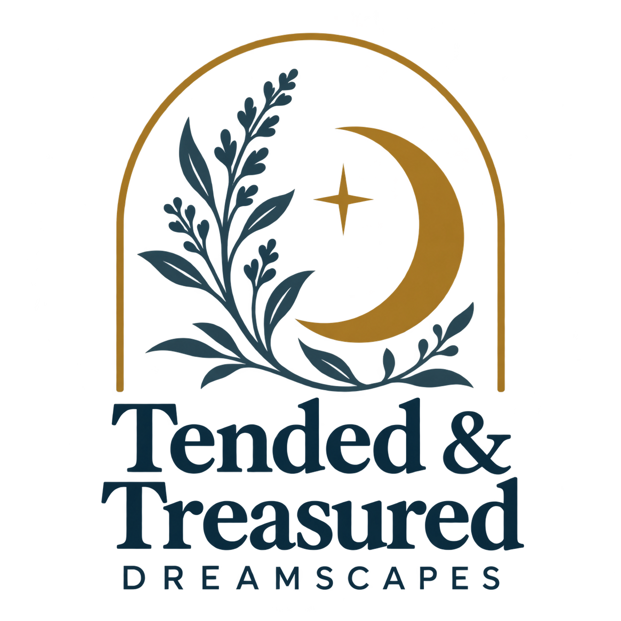 Tended & Treasured Dreamscapes logo with a gold crescent moon, star, and botanical sprig