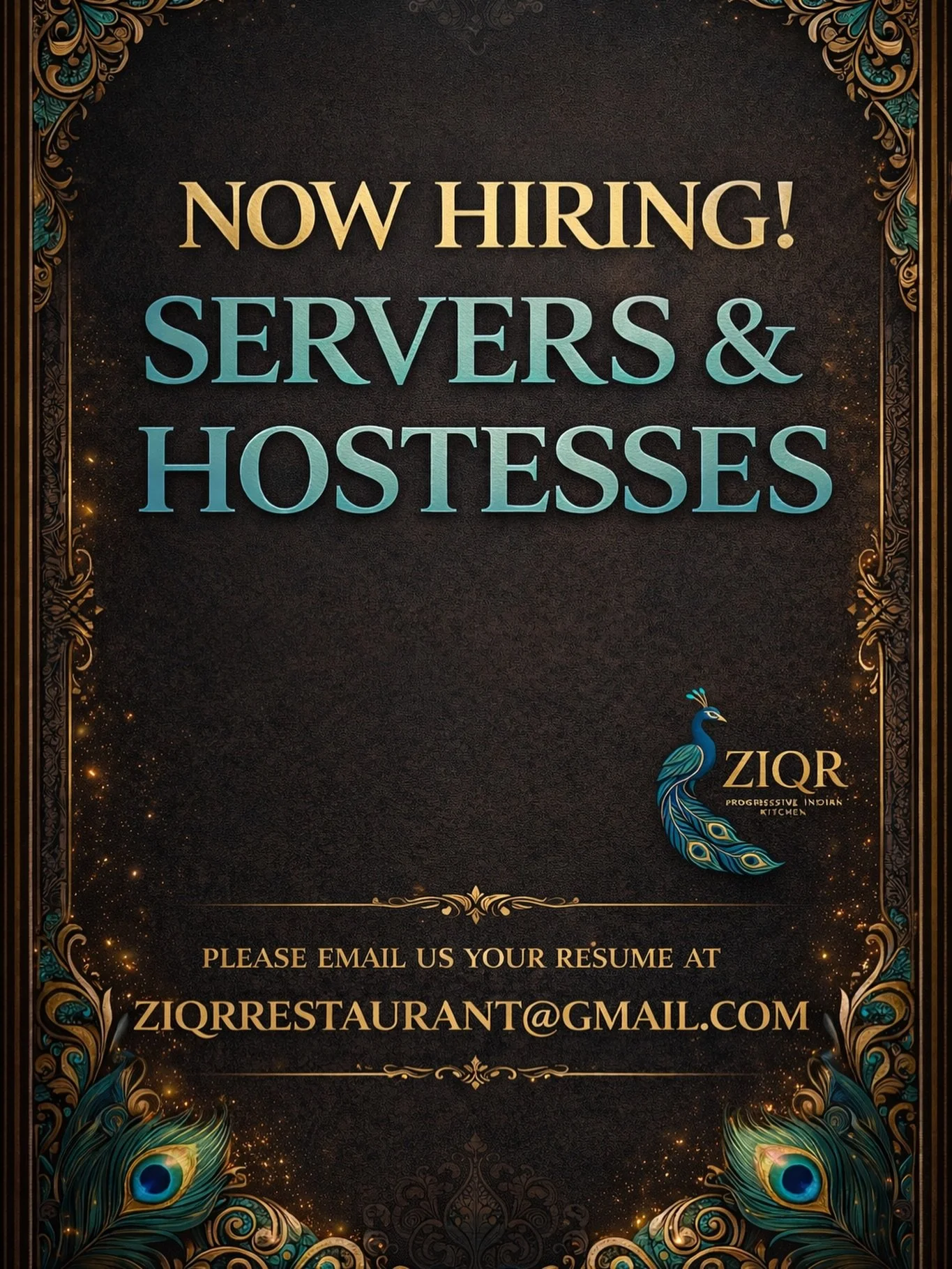 NOW HIRING.  We are now hiring for Servers and Hostess Positions. Please email us at ziqrrestaurant@gmail.com and we will get back to you.
