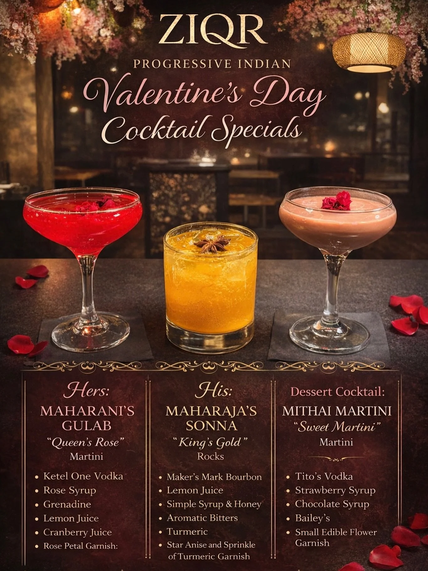 ✨ Valentine&rsquo;s Week at ZIQR ✨
Love is in the air&mdash;and in every sip and bite. 🍸❤️

This Valentine&rsquo;s Week, indulge in our limited-edition handcrafted cocktails, paired perfectly with our bold, flavorful, and beautifully presented dishe