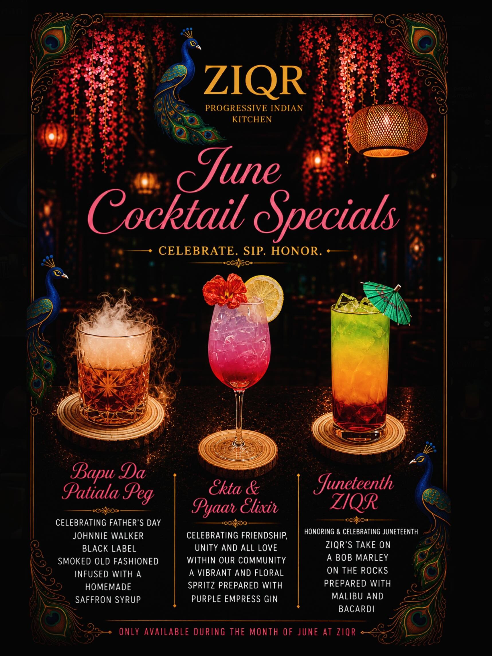 ✨☀️ JUNE COCKTAIL SPECIALS ARE HERE!! ☀️✨

At ZIQR, every cocktail tells a story&hellip;

This month we&rsquo;re raising a glass to family, friendship, unity, love, and community through three handcrafted cocktails inspired by the moments that bring 