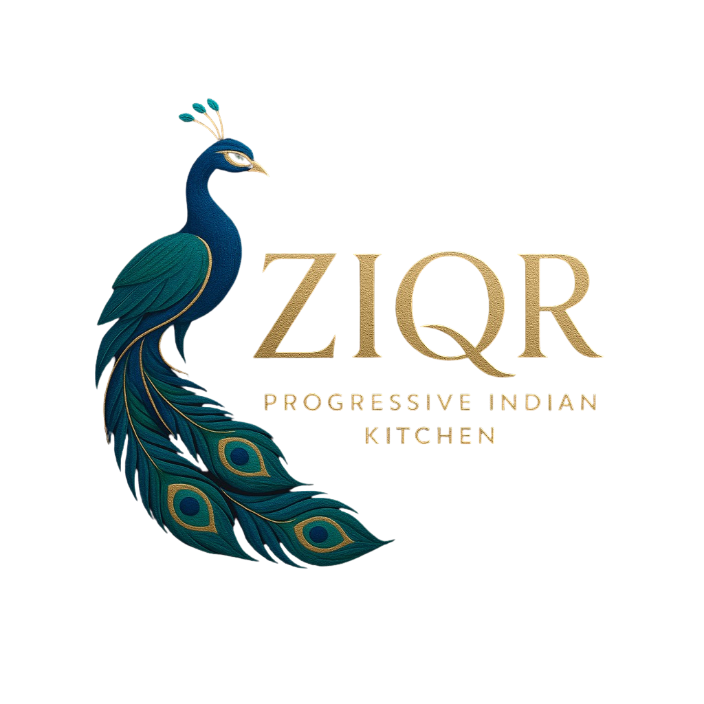 Logo for ZIQR, a progressive Indian kitchen, featuring a peacock with colorful feathers and stylized text.