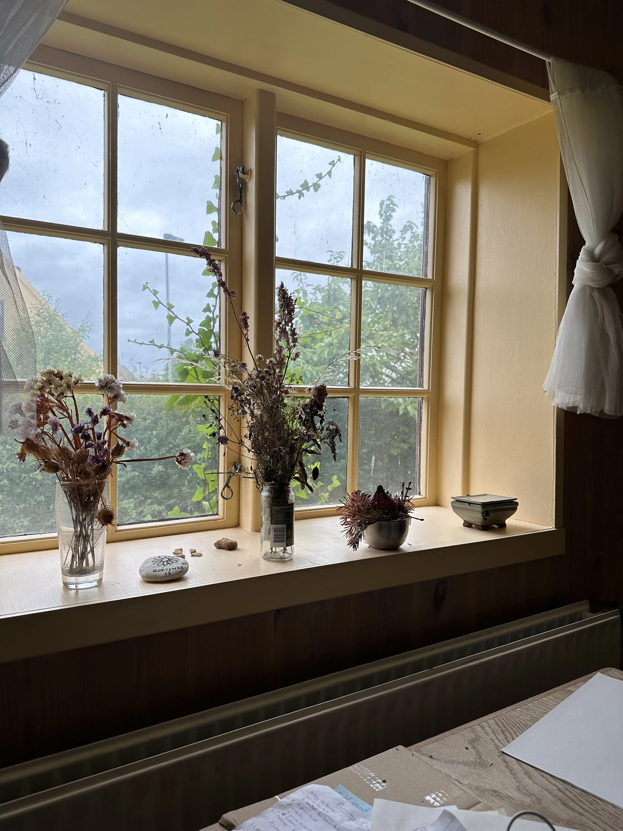 A window ledge decorated with dried flowers in vases and small objects, overlooking greenery outside.