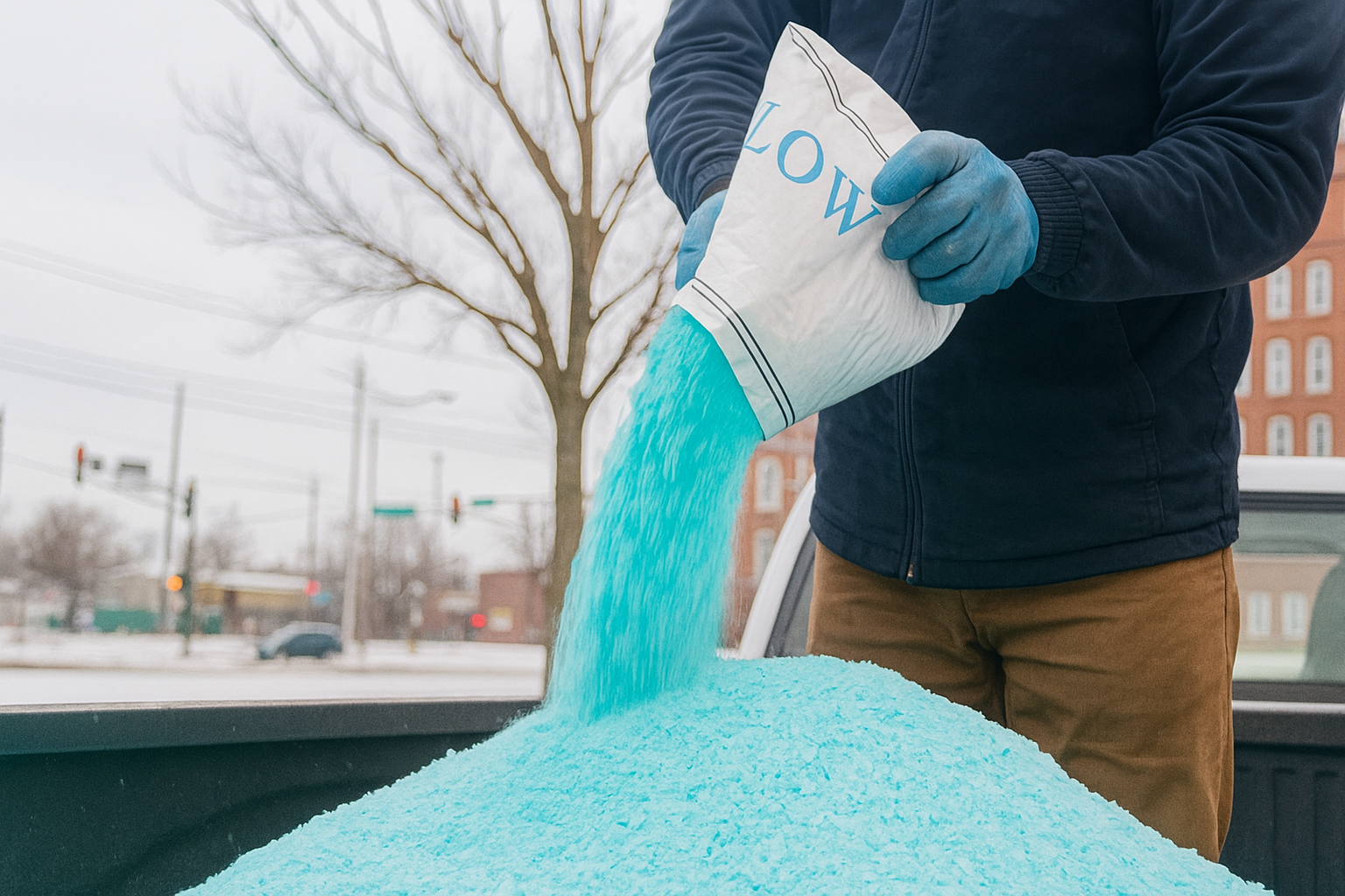 Person in a blue jacket and gloves pouring blue granulated salt from a bag onto a pile during winter.