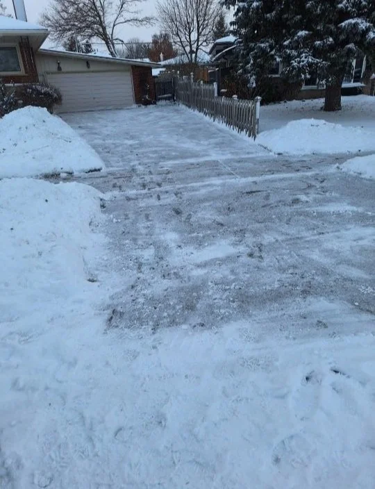 Snowy driveway and yard in front of house with a fenced area and trees, showing snow and ice on the ground and a clear path in the driveway.