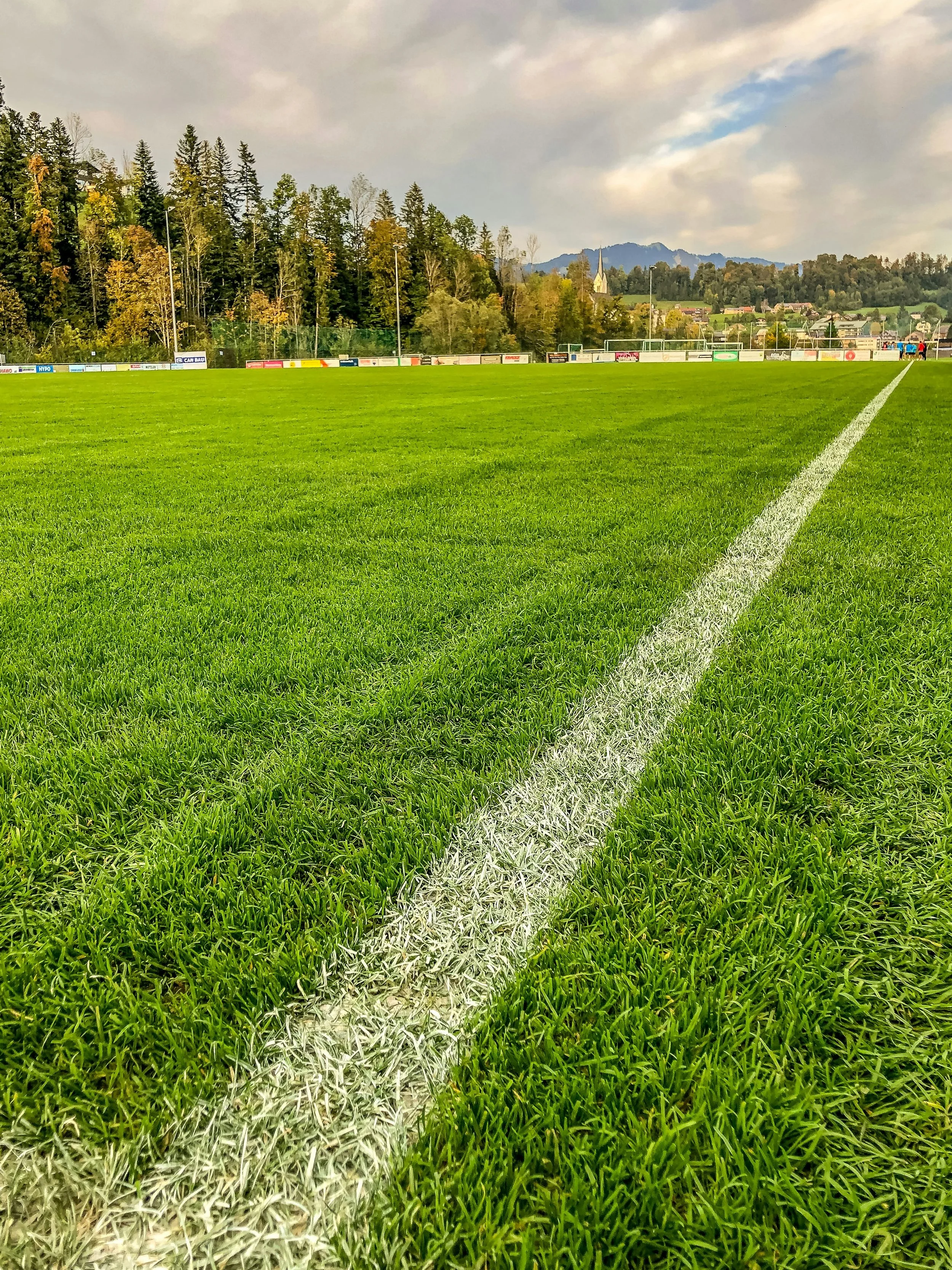A soccer field with green grass, white sideline, surrounded by trees and a small town in the background, under a partly cloudy sky.