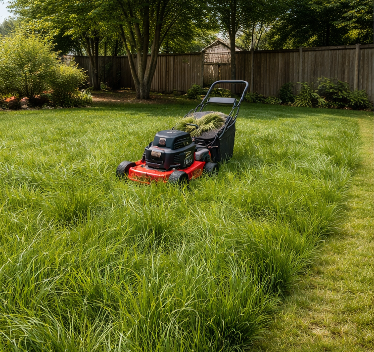 Lawn mower on tall grass in a backyard with a wooden fence, trees, and shrubs.