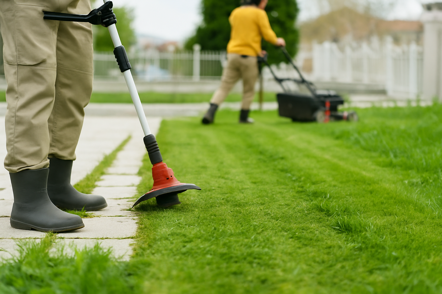 Two people mowing a lush green lawn in a backyard, with one in the foreground using a string trimmer and the other in the background operating a lawn mower, both wearing rubber boots.