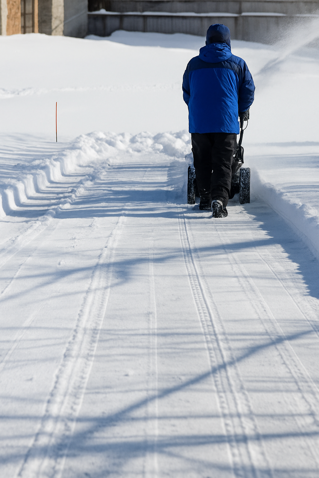 Person wearing a blue winter jacket and black pants pushing a snowblower on a snow-covered path in winter.